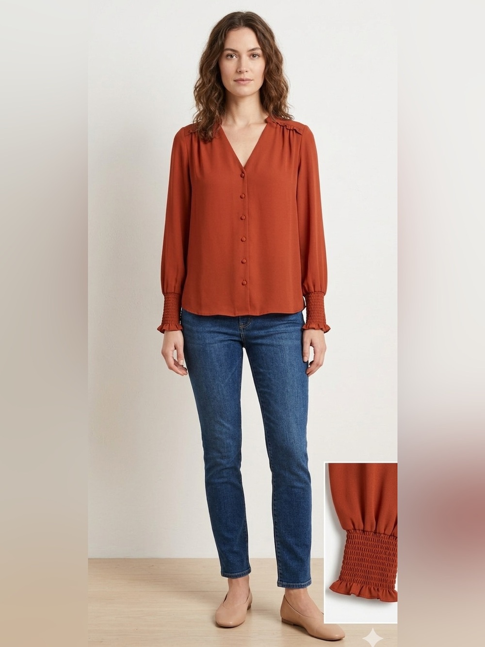 NWT Nanette Lepore Smocked Cuff Split Neck Blouse size Xl